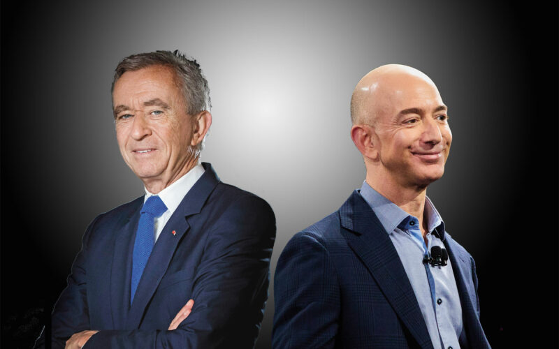 BERNARD ARNAULT, Hauptaktionär des Luxusgüterkonzerns LVMH (li) und JEFF BEZOS, Gründer von Amazon. © Getty Images